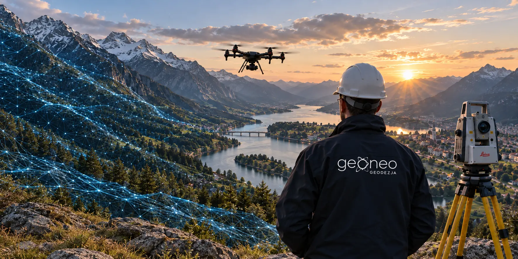 Geodeta Geo-Neo, dron i instrument pomiarowy na tle górskiego krajobrazu